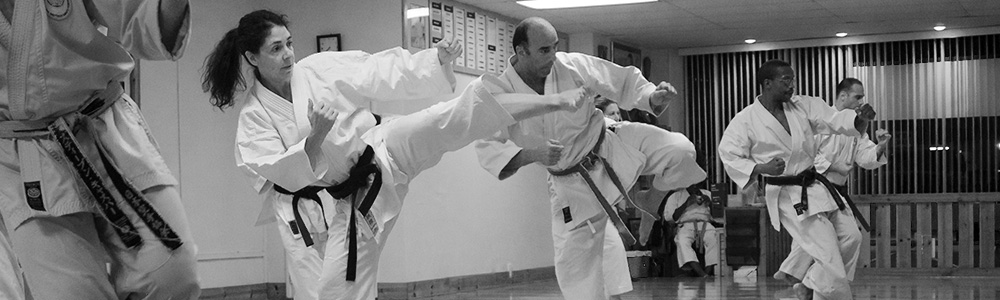 Group of students performing kicking techniques